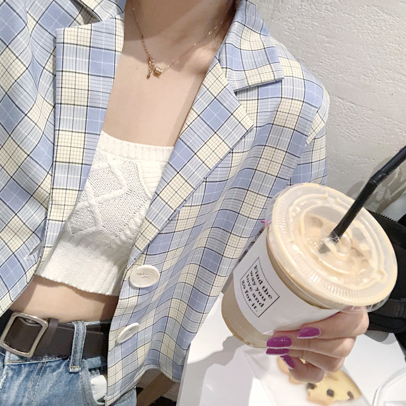 Áo blazer nữ đẹp 2021, Áo kiểu nữ cổ bẻ màu xanh Caro Phối Cúc Sang Chảnh Thời Trang Hàn Quốc | BigBuy360 - bigbuy360.vn