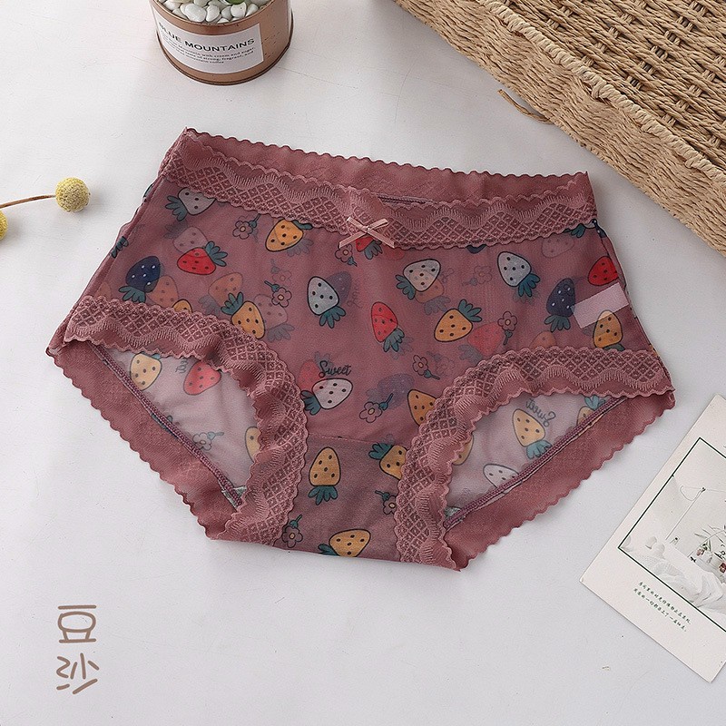 Quần Lót Lụa Viền Ren Phối Hoạ Tiết Hình Hoa Quả Cute