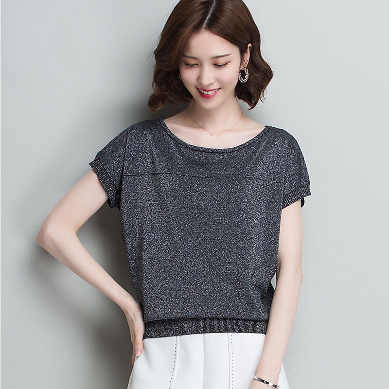 Large size loose 2022 summer new bat sleeve bright silk sweater short sleeve t-shirt for women