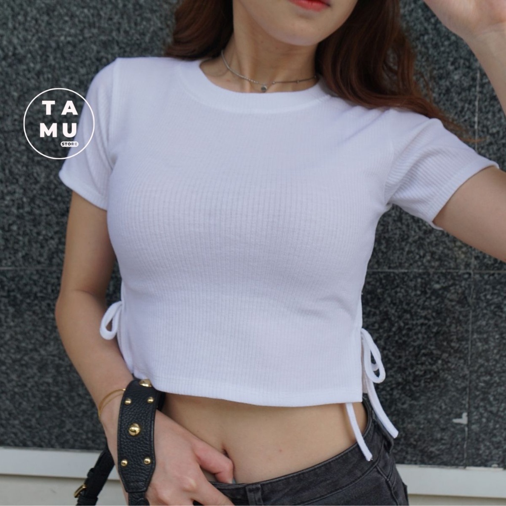 Áo croptop ôm tay ngắn kiểu dáng bộc dây chất vải thun gân dặn đen trắng cá tính sexy - CT03
