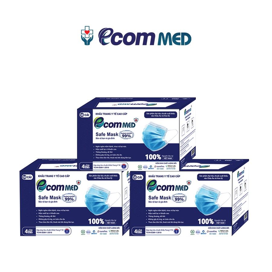 Combo 3 Hộp Khẩu trang Y tế EcomMed 4 lớp Thông Thoáng Không Đau Tai kháng