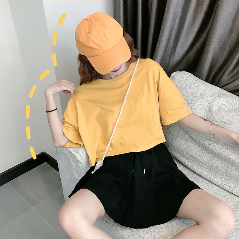 Áo croptop ngắn tay dáng rộng màu trơn xinh xắn cho nữ