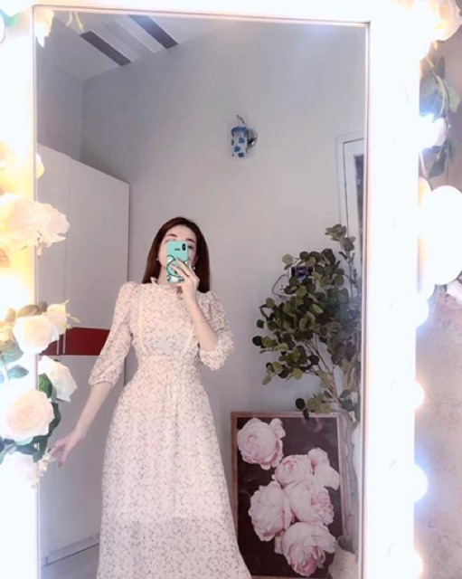 Đầm hoa nhí tay phồng tiểu thư viền ren