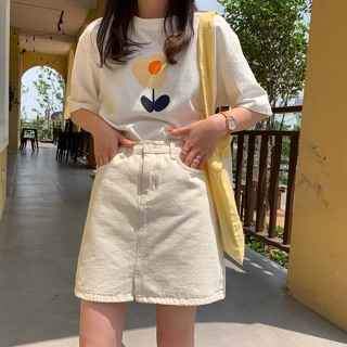 Chân váy jean trắng cúc trắng