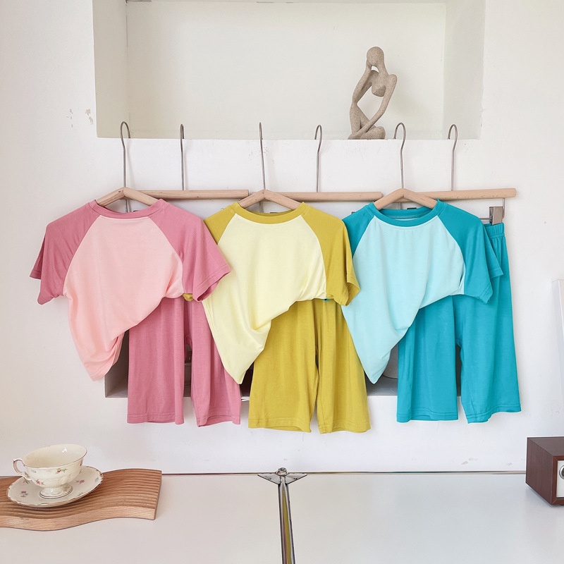 Bộ Đồ Ngủ 2 Món Áo Thun Tay Raglan Phối Quần Short Vải Mềm Nhiều Màu Tương Phản Thời Trang 2022 Cho Bé Gái