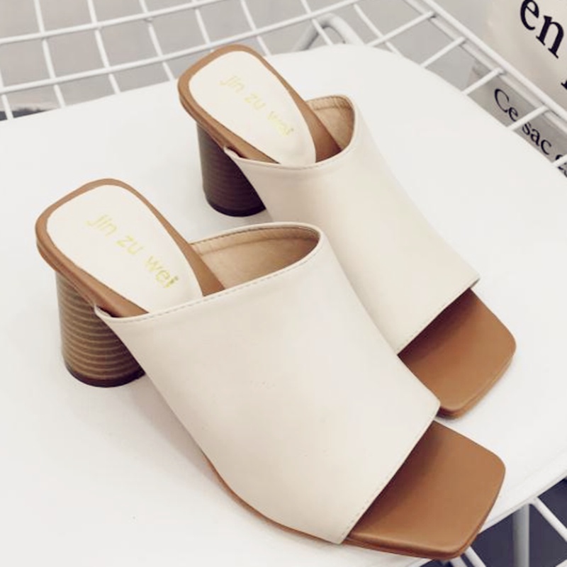 ▩❂High-heeled slippers women s summer fashion all-match outer wear leather thick-heeled mules personality square-toe outdoor Korean sandals women