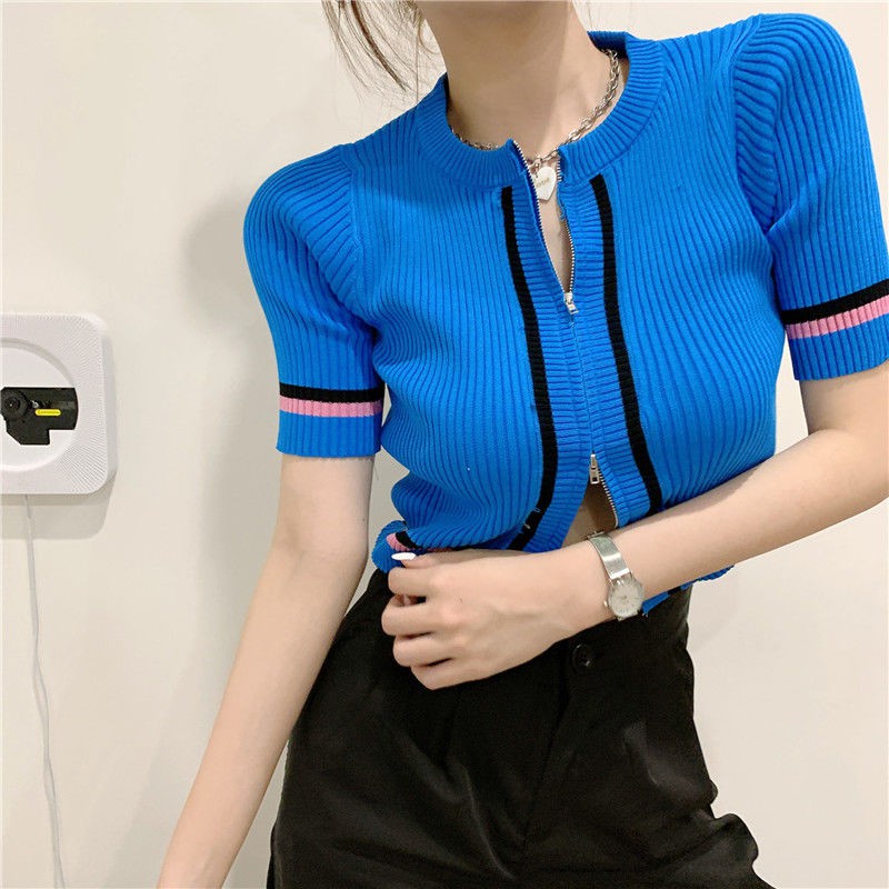 in retro mùa hè mỏng ngắn đôi dây kéo tay áo thun nữ cổ tròn dệt kim len cardigan kết hợp tất cả các trang phục