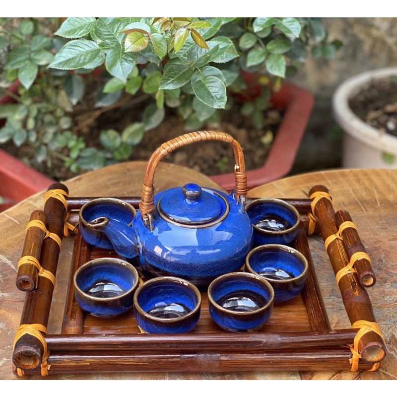Bộ ấm trà, tặng kèm khay màu đá xanh ngọc hoa trong lòng ấm chén gốm sứ Bát tràng