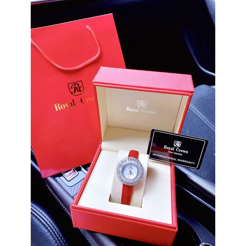 Đồng hồ nữ chính hãng, đồng hồ đeo tay nữ ROYAL CROWN dây da mặt đính kim cương nhân tạo siêu cao cấp, đẳng cấp phái nữ