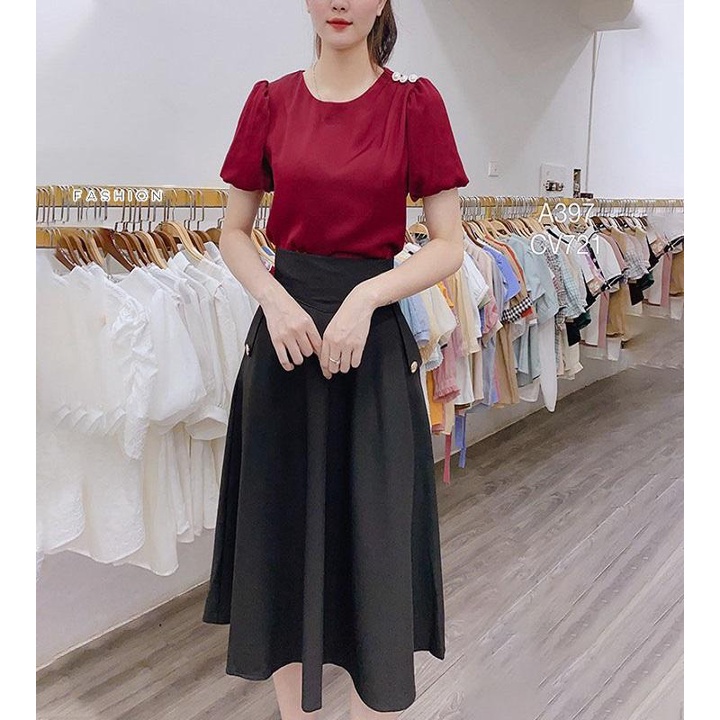 Chân váy xòe dáng dài Midi công sở cạp cao to bản ôm eo nịt bụng túi cúc có BIGSIZE phong cách sang trọng trẻ trung CV41