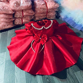 Đầm váy công chúa bé gái cổ đính hạt kèm nơ cài đầu cho bé từ 8kg đến 22kg(THAOCM)