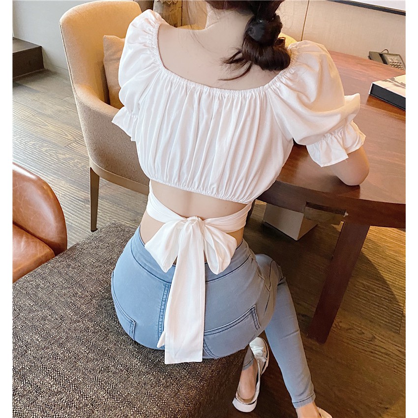 Áo croptop tay phồng có buộc dây sau lưng phong cách Pháp ngọt ngào cho nữ
