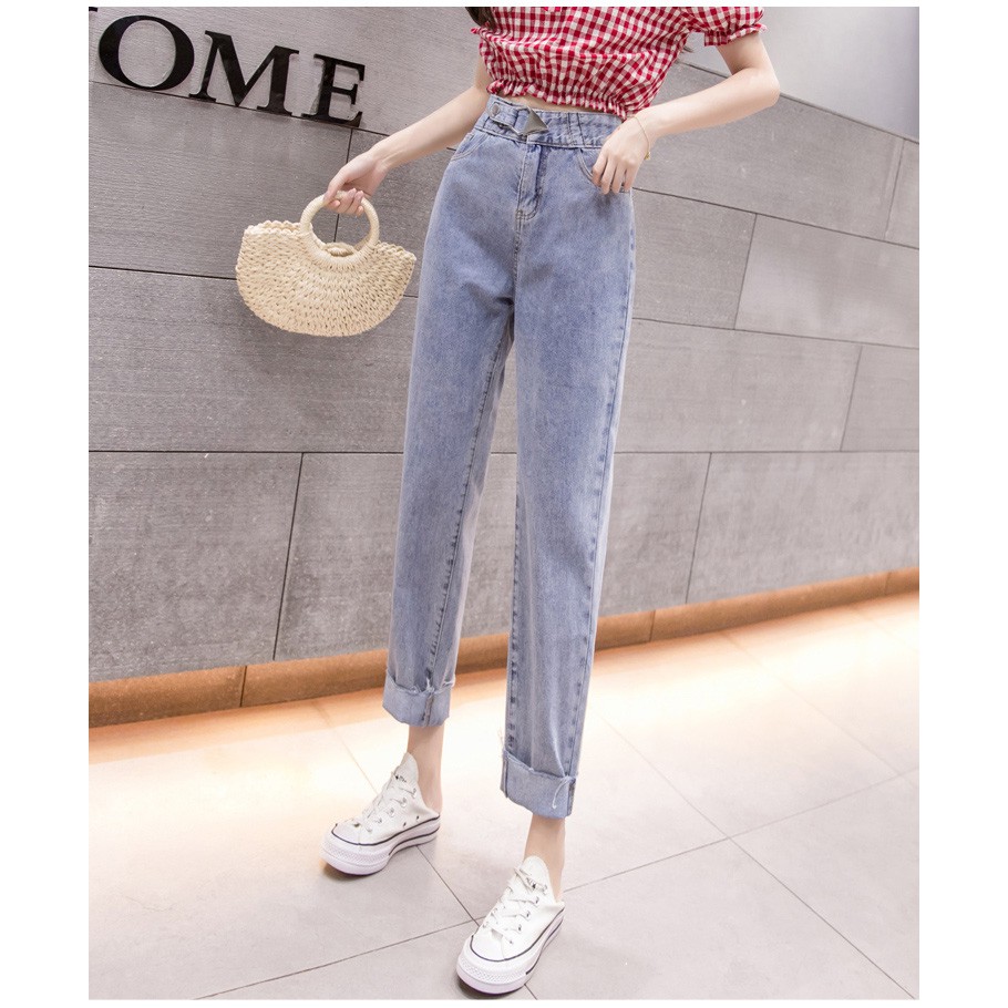 QUẦN BAGGY JEAN NỮ KHOEN TAM GIÁC LƯNG CAO MÀU XANH NHẠT LAI CUỐN CAO CẤP UTI ĐỦ SIZE S, M, L CHẤT NHƯ NƯỚC CẤT