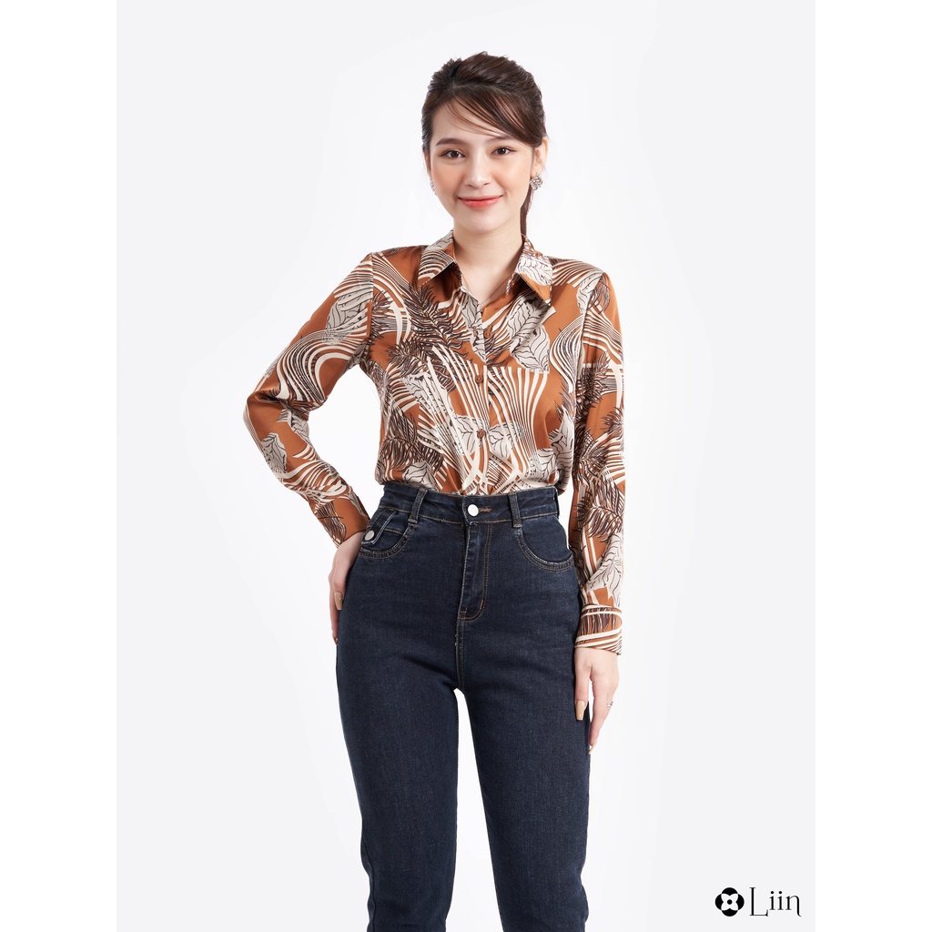 Áo sơ mi dài tay màu nâu họa tiết phối lá phong cách trẻ trung, hiện đại Liin Clothing SM4034