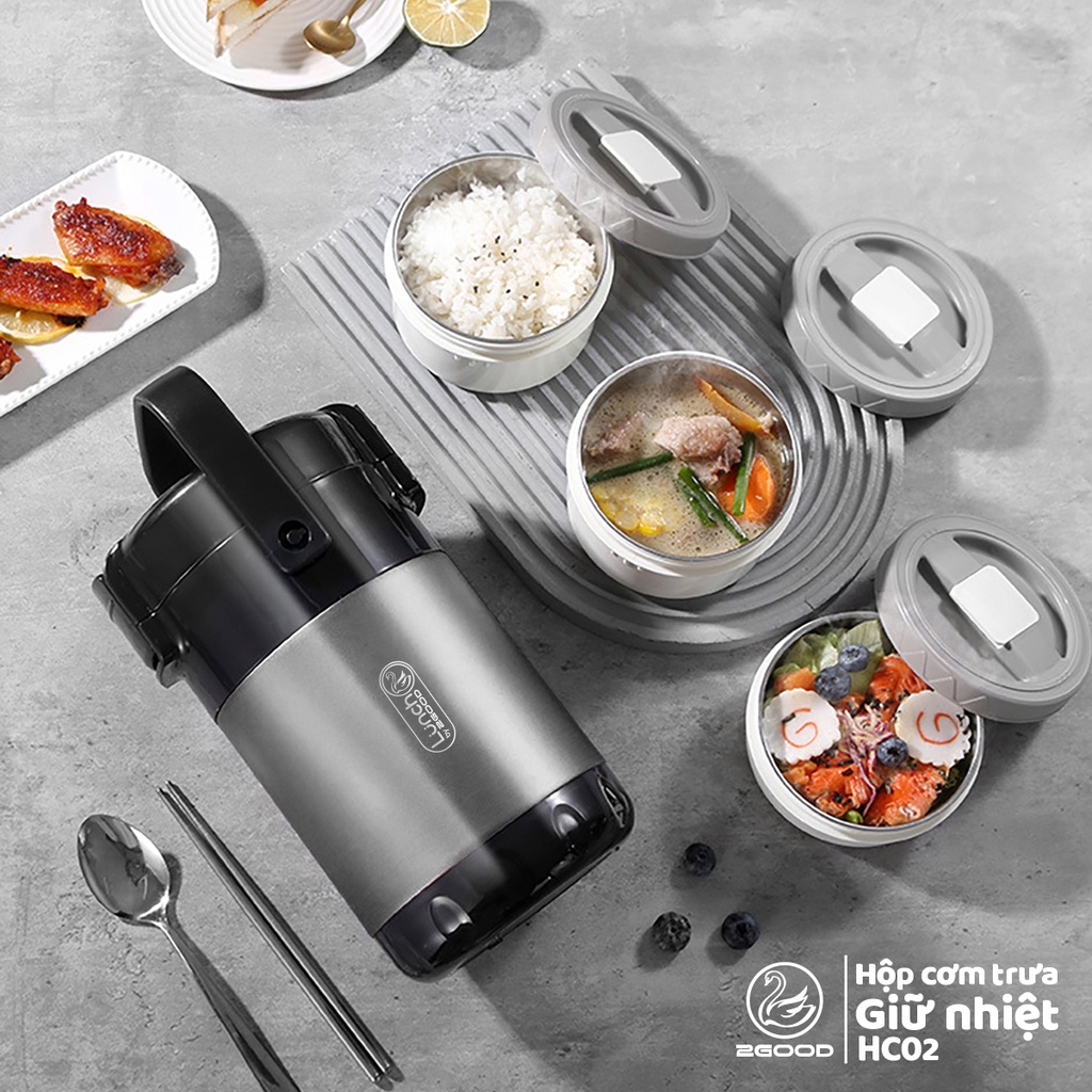 Hộp Cơm Giữ Nhiệt 2GOOD Lunch Box HC02 (2.L) - Chống trào, chống bỏng, Kèm Đũa - Thìa - Túi, Bảo hành 5 năm