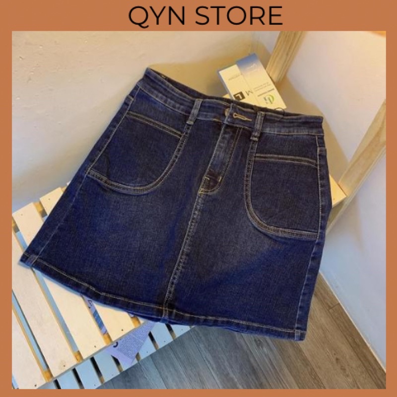 Chân Váy Jeans Chữ A Co Dãn 2 Túi Cạp Cao