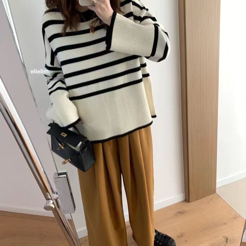 Áo sweater tay dài dáng rộng họa tiết kẻ sọc thời trang dành cho nữ