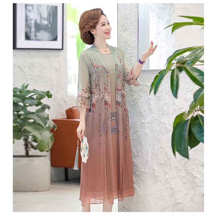 Set váy voan trung niên nữ cao cấp, màu sắc, hoạ tiết lạ, thanh lịch, trẻ trung NV0934