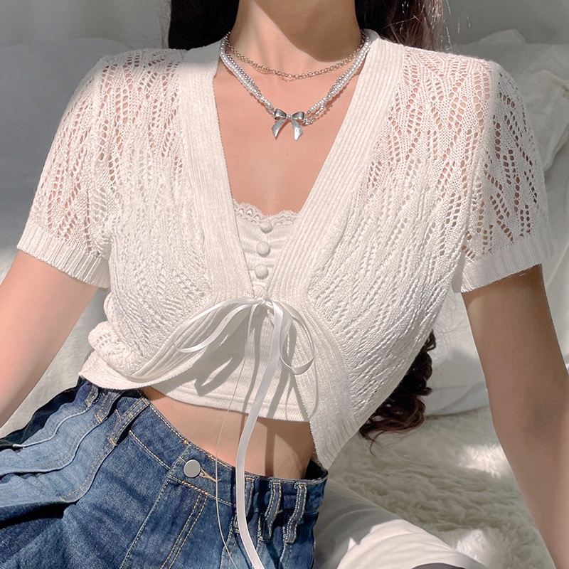 【Hana and Alice】Áo Khoác Cardigan Dệt Kim Tay Ngắn Cổ Chữ V Phối Ren Xinh Xắn Cho Nữ