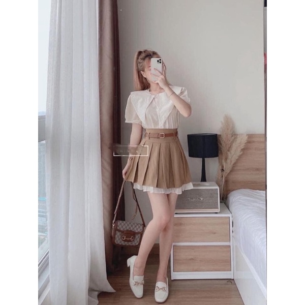 Set Áo Sơ mi Cổ Nhọn Mix Chân Váy Xếp Ly Nâu Kèm Đai