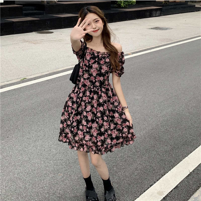 Đầm ZHELIHANGFEI chiffon có lớp lót tay ngắn phồng thiết kế trễ vai in họa tiết hoa thời trang