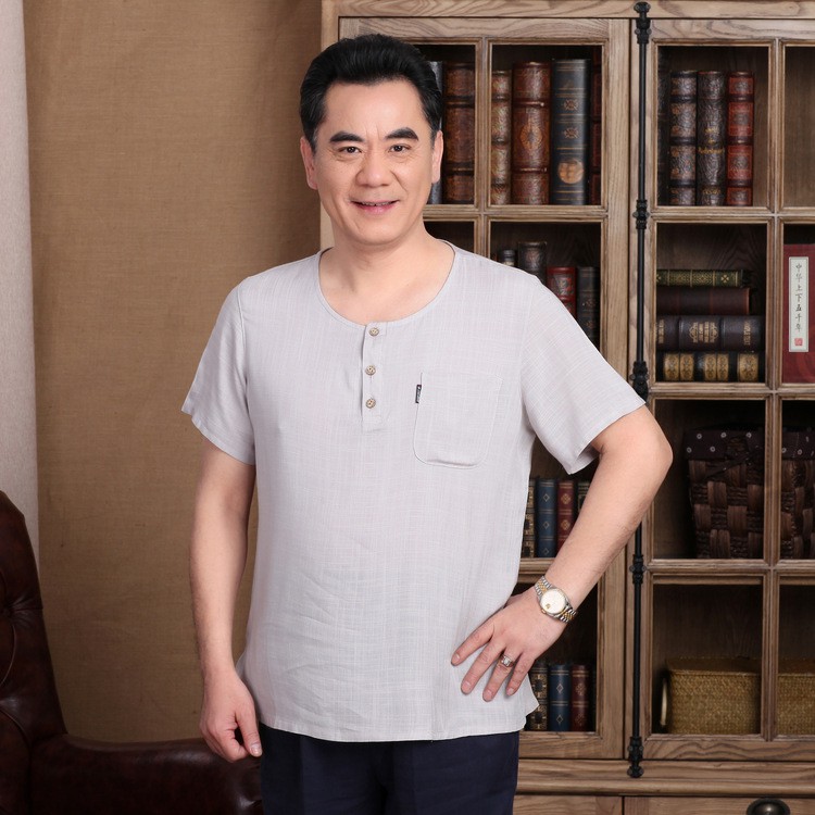 Áo Đũi Nam Trung Niên Cotton Linen Ngắn Tay Cổ Tròn Cổ Truyền Nhật Bản 2020
