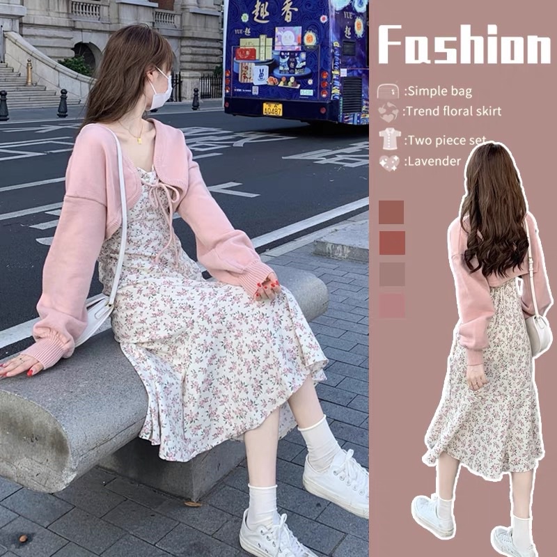Set đầm hai dây hoa nhí dáng dài midi kèm áo khoác crop hồng