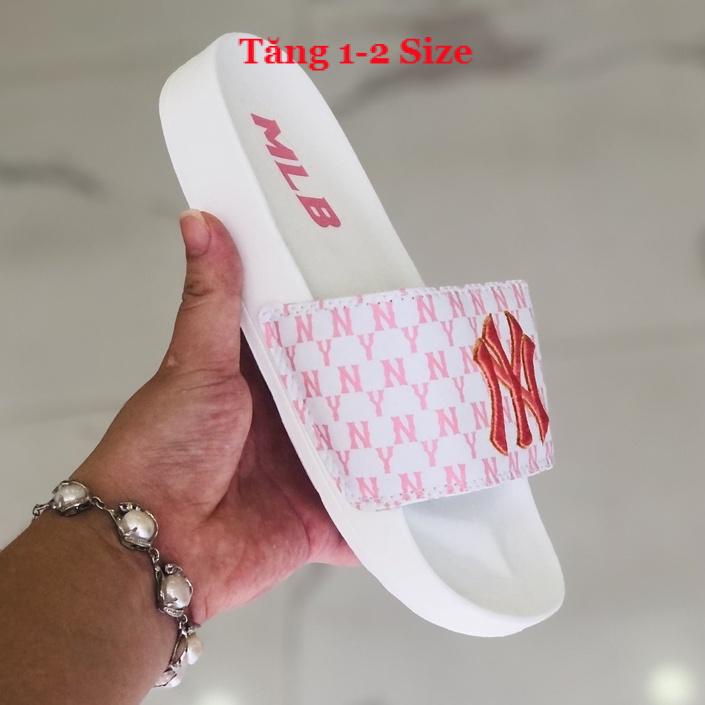 Dép unisex 𝐌𝐋𝐁 𝗡𝗬 ❤️FREESHIP + Hộp❤️ dép mlb ny bóng chày quai ngang thể thao nữ Thêu nỗi NY-NY D.GV-trắng-chữ-hồng