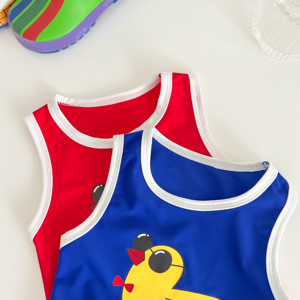 Bộ Đồ Bơi Liền Thân Không Tay + Mũ In Hình Chú Vịt Dễ Thương Thời Trang Mùa Hè Cho Bé Sơ