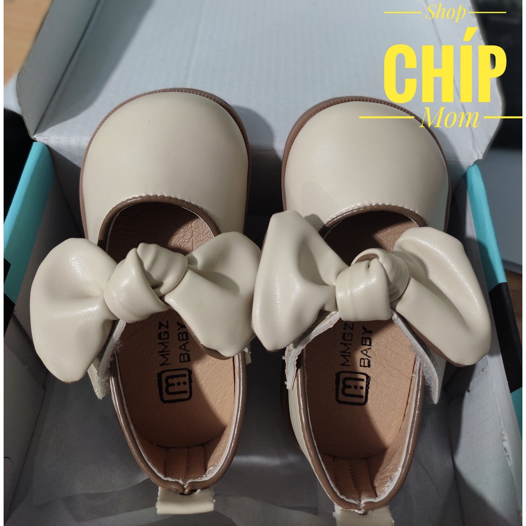 giày búp bê bé gái giày bệt cho bé ba PU mềm êm chân quai ngang dán chống tuột nơ thắt xinh xắn MGBABY V761