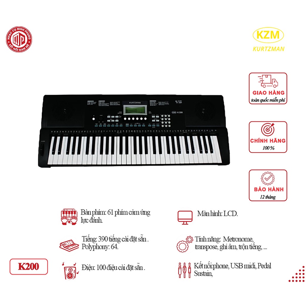 Trọn Bộ Đàn Organ Kzm Kurtzman K200 - Màu đen - Hàng chính hãng (Đàn, Chân đàn, Bao đàn, Giá nhạc, Adapter, Pedal, Sách HDSD)