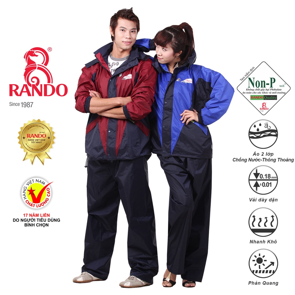 Áo Mưa Bộ RANDO Chính Hãng, Vải Dù Thời Trang Cao Cấp, Đi Mưa Bền Bỉ Không Thấm Nước Dành Cho NAM NỮ Đi Phượt