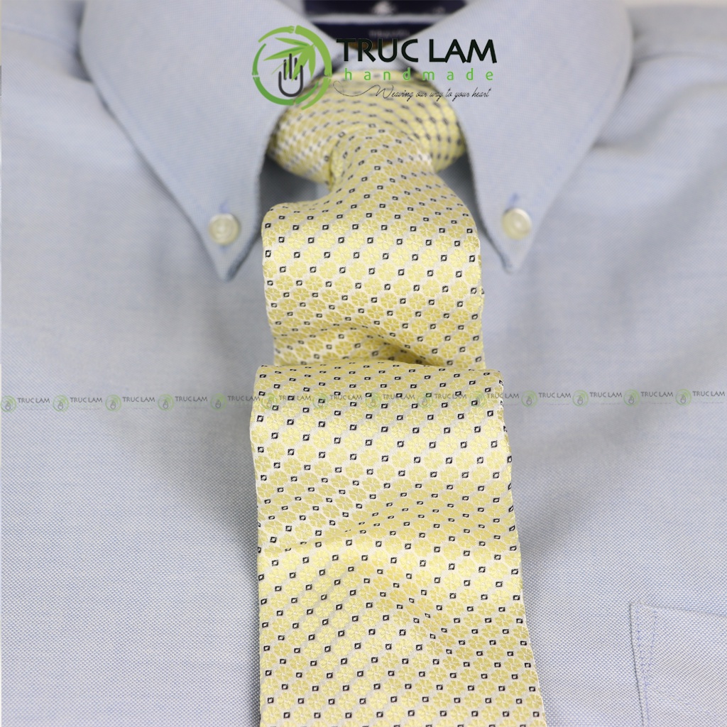 Cà Vạt Lụa 8cm Cho Nam Cao Cấp Họa Tiết Vàng Hoa Vuông Sang Trọng MS16 - Trúc Lâm Handmade
