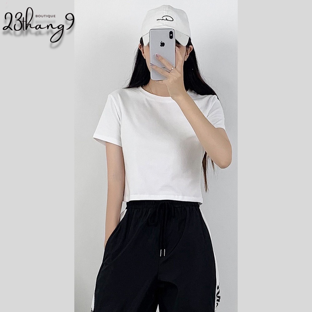 Áo croptop nữ cổ tròn áo ôm body tay ngắn chất vải dày dặn croptop trơn dáng basic đen trắng cá tính sexy 23thang9