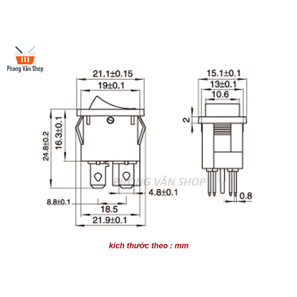 10 Công tắc bập bênh KCD1-104 - Đỏ -có đèn báo-21x15mm-ON-OFF-4 chân-2 hàng