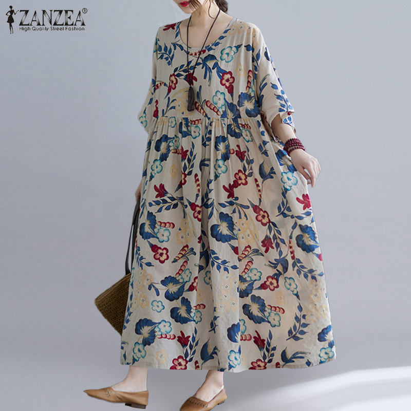 Đầm Maxi Retro ZANZEA Tay Dài In Họa Tiết Vintage Cho Nữ Mặc Thường Ngày