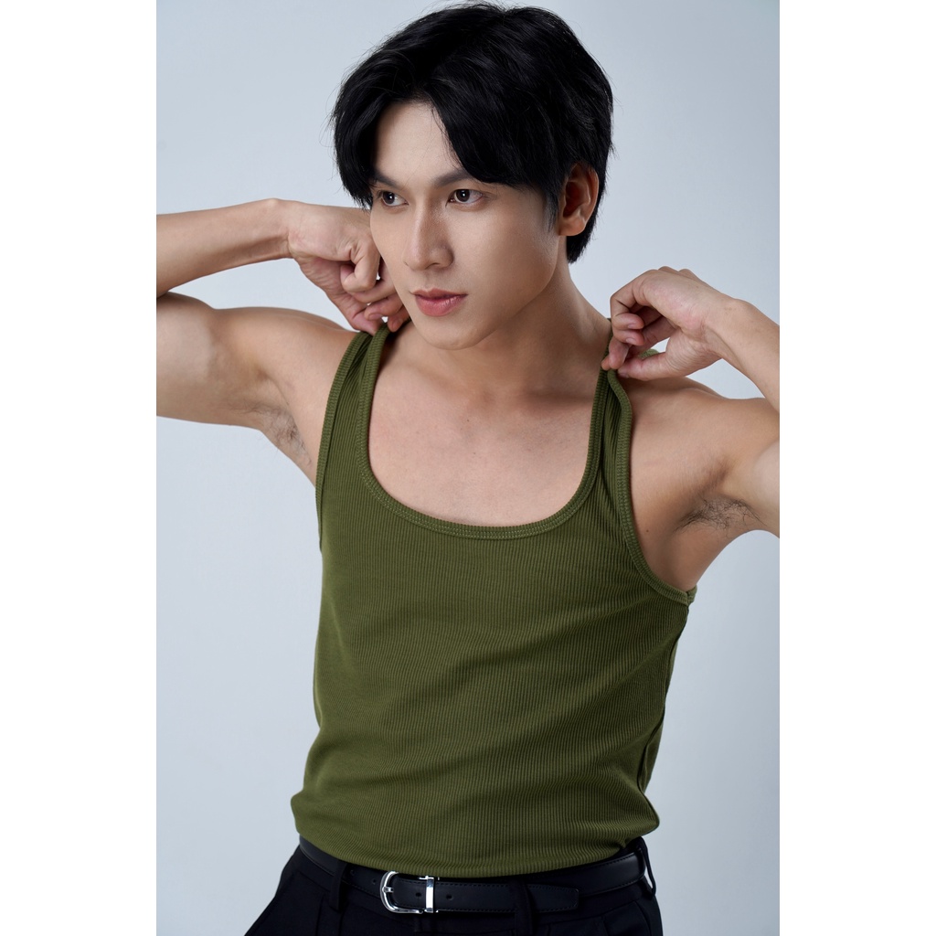 Áo Thun Ba Lỗ Tank Top Nam Màu Xanh Rêu Cổ Vuông Cotton Gân Thương Hiệu Mr Twins