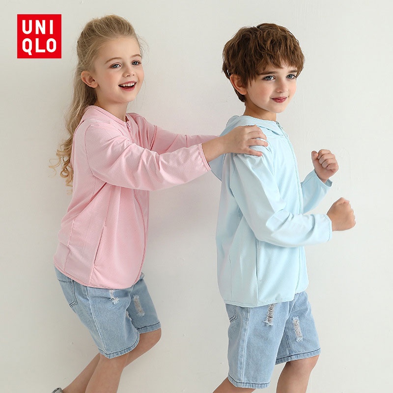 Uniqlo Áo Khoác Chống Nắng Tay Dài Có Mũ Trùm Đầu Dễ Thương Cho Bé Gái