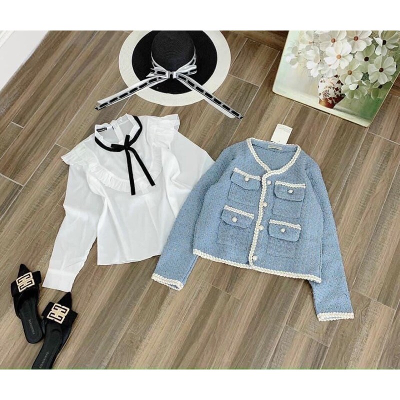 Set áo dạ tweed sơ mi xanh
