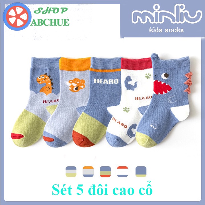 Tất Vớ Trẻ Em Minliu Hình khủng long Cho Bé Từ 1 – 12 Tuổi Chất Cotton Set 5 Đôi