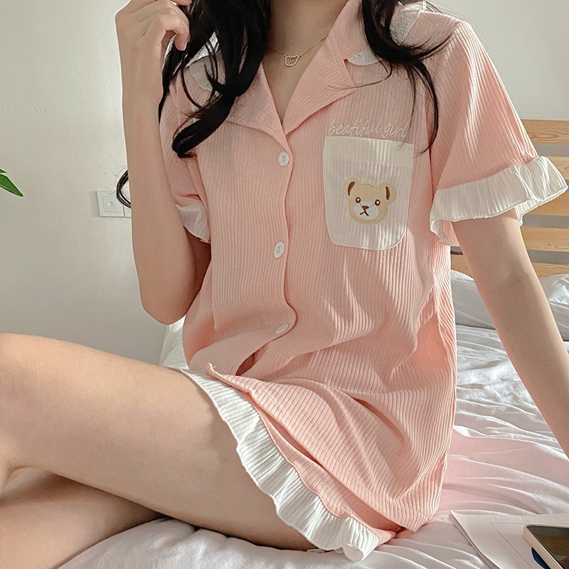 Đồ bộ nữ mặc nhà pijama tay ngắn cotton sợi tre cao cấp viền bèo dễ thương - CTN3