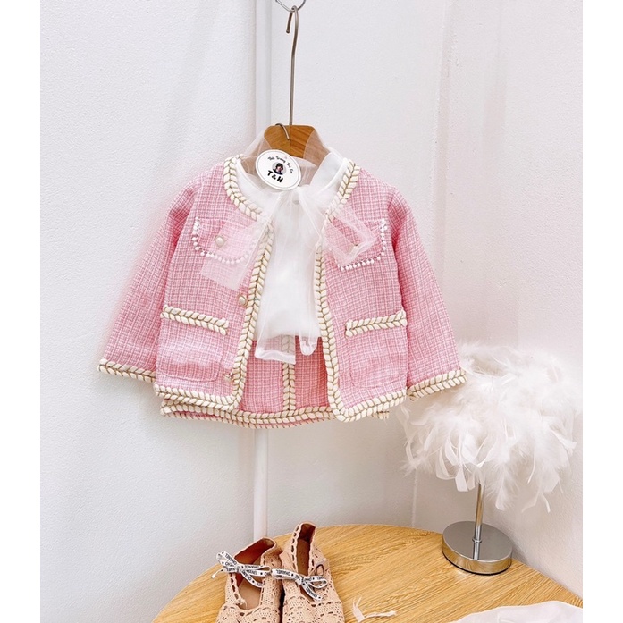 Sét áo khoác + áo sơ mi + chân váy dạ cho bé gái 10-22kg