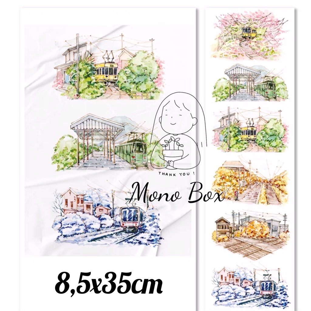 [Chiết] Washi tape 8,5x35cm chủ đề phong cảnh ga tàu bốn mùa, băng dán trang trí làm tranh washi Mono_box