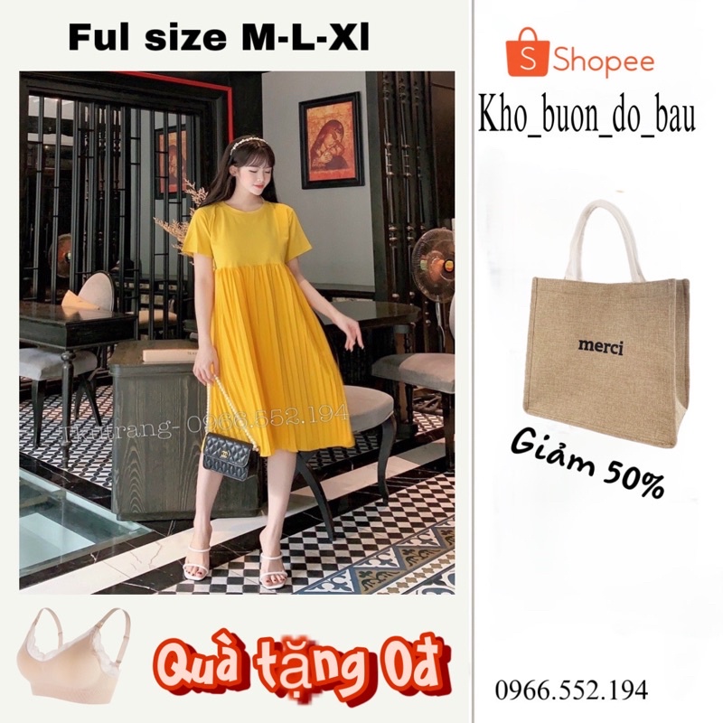 Váy bầu,Đầm bầu cho những ngày chớm thu - Dáng suông phối thân dập li trẻ trung , năng động ( size 45-80kg) Ms 6740