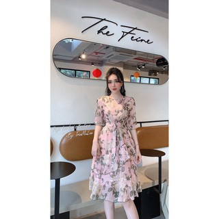 Váy hoa tơ lụa bèo tầng buộc eo