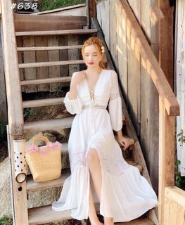 ĐẦM MAXI TRẮNG ĐAN NGỰC PHỐI REN (KÈM HÌNH THẬT)