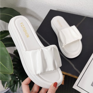 Dép bánh mì quai ngang nhún quai chéo nhún đế pu cao 3-4cm mềm êm