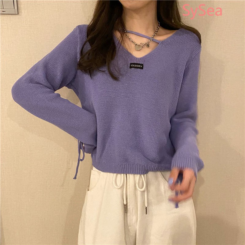 Áo Sweater Dệt Kim Tay Dài Cổ Chữ V Dáng Rộng Thoải Mái Cho Nữ