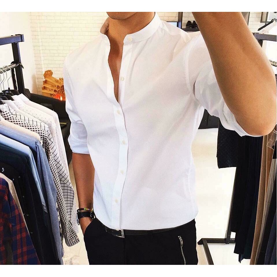 ÁO SƠ MI TRƠN CỔ TÀU ĐEN - TRẮNG VẢI LỤA CHỐNG NHĂN | BigBuy360 - bigbuy360.vn