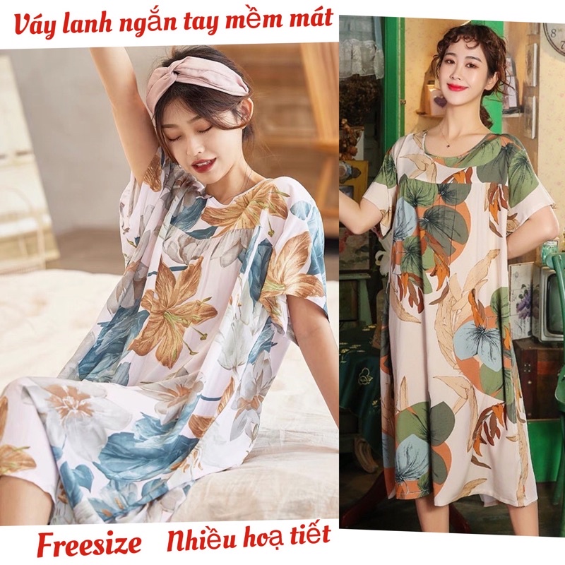 Váy lanh ngắn tay mềm mát, hoạ tiết trẻ trung